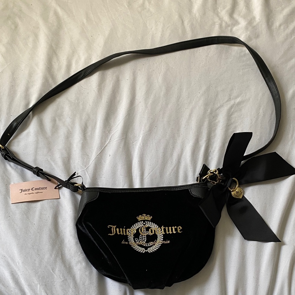 Juicy couture glitterazi velvet black, gold, and silver purse with heart bow